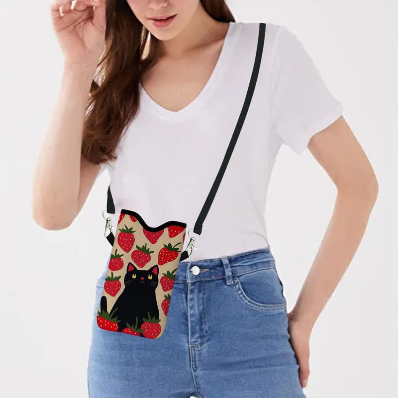 otilil Neoprene Cell Phone Sleeve Pouch Case Bag with Crossbody Strap Neck Lanyard for Women 7.1 X 3.9 in Strawberry Cat - Image 5